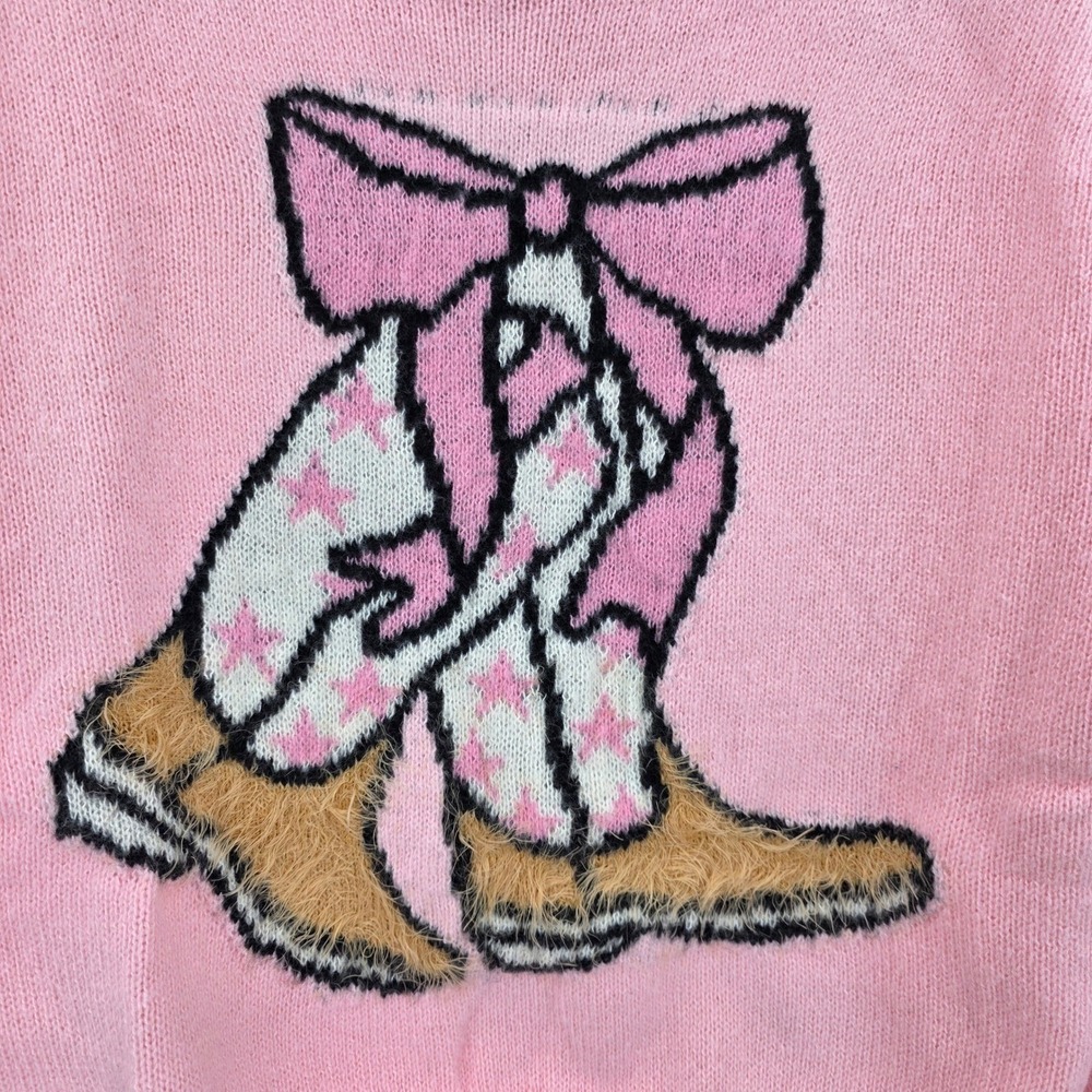 SIMPLY SOUTHRN Pink Cowgirl Boots Bow Knit Sweater Women's Cozy Pullover XL NWT - Picture 3 of 8